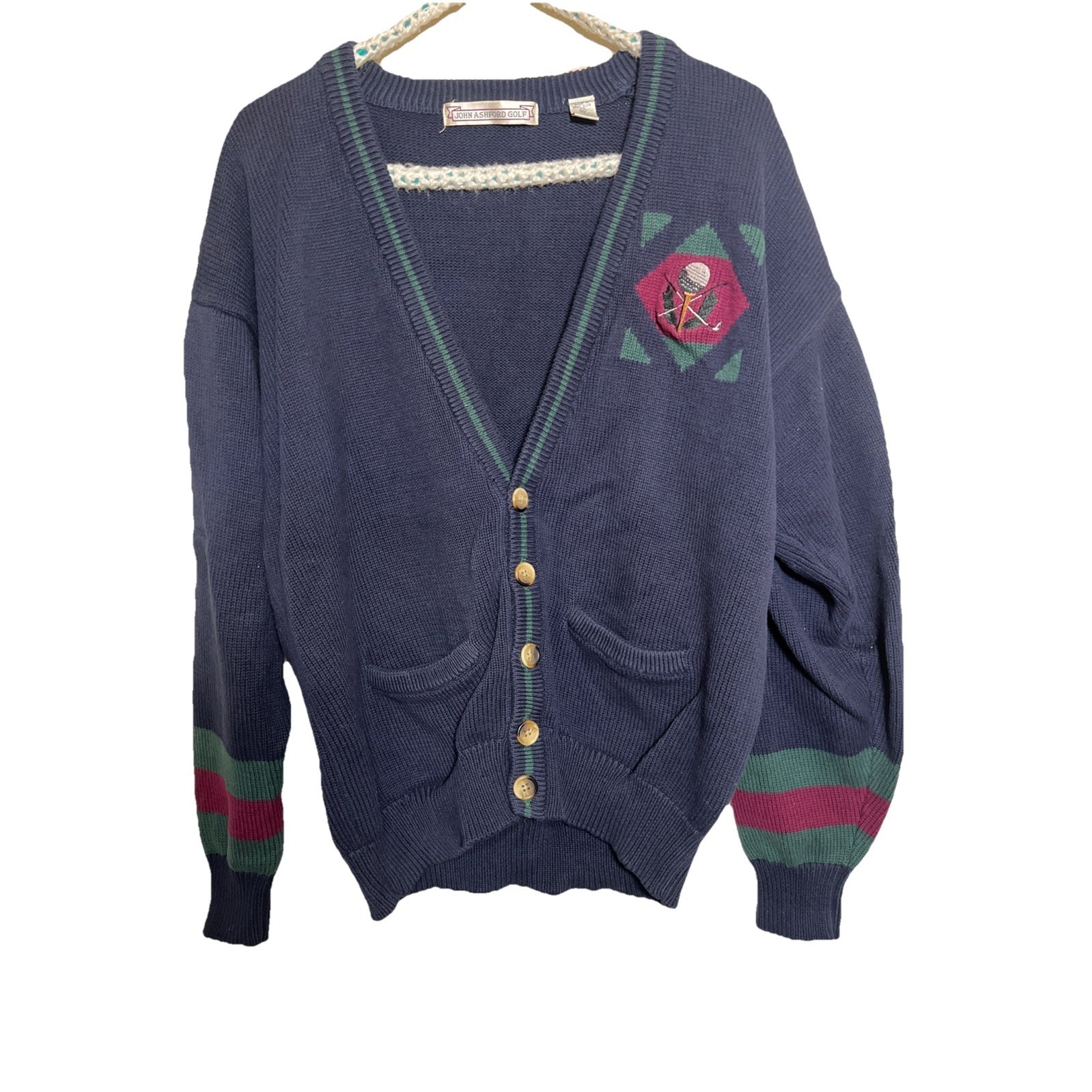 Vtg John Ashford Golf Men's Button Cardigan Grandpa Sweater Blue Xl